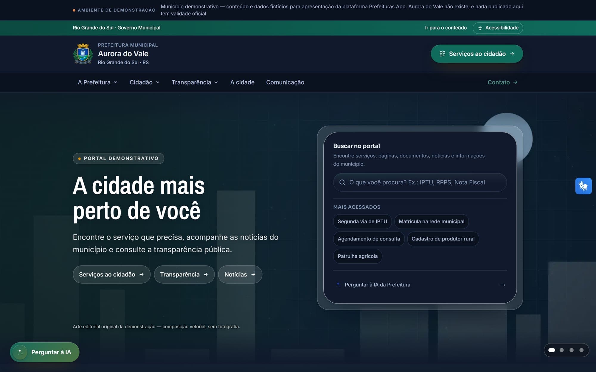 Home do portal municipal: topo em carrossel, busca e serviços em destaque