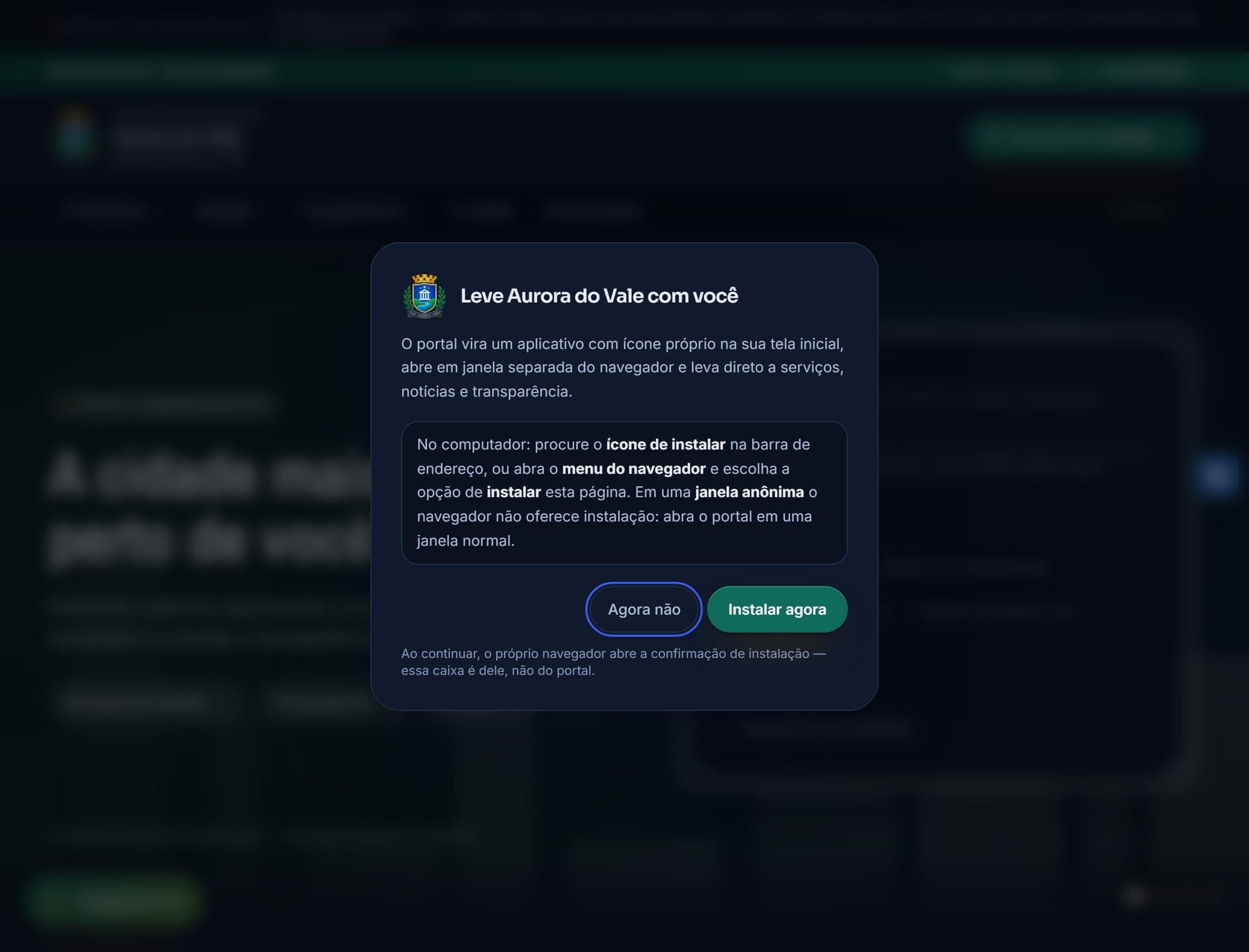 O convite de instalação do portal como aplicativo, com brasão e nome do município