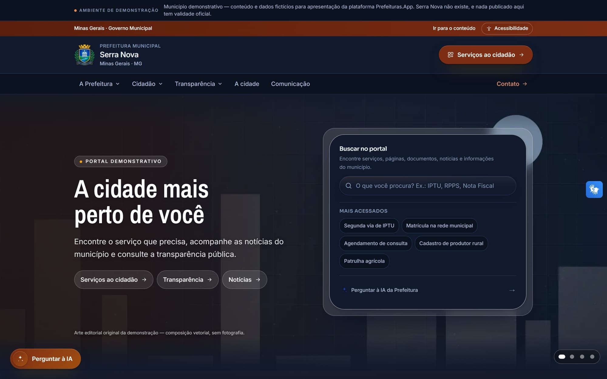 O mesmo portal real com uma identidade ilustrativa: outra cor institucional, outro nome, outra unidade federativa — layout e componentes idênticos
