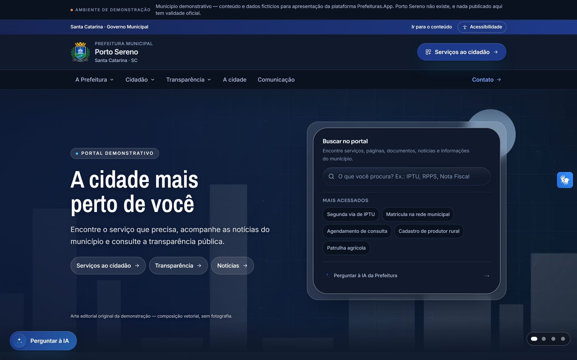 Uma terceira identidade ilustrativa sobre o mesmo produto real — a prova de que a plataforma é uma só e a experiência é de cada município